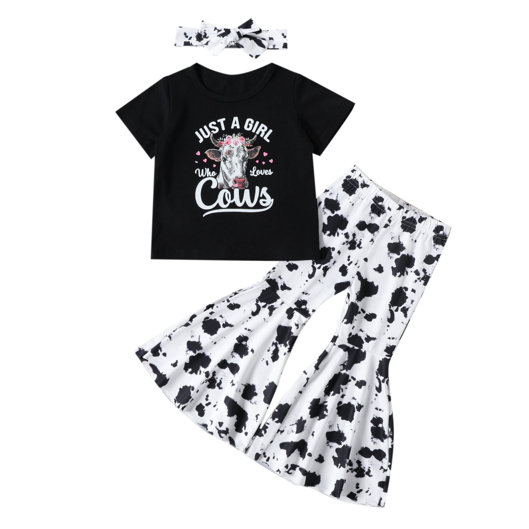 Wholesale of Summer Western Cowhead Printed Cotton T-shirts and Flared Pants Children's Sets